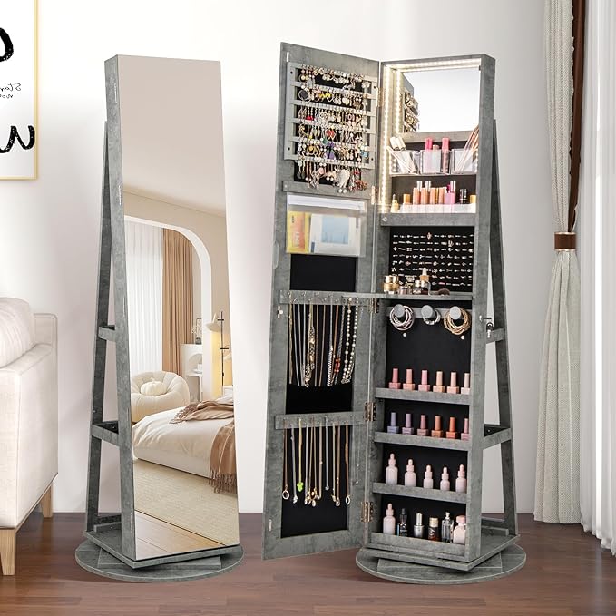 CHARMAID 360° Swivel Jewelry Armoire with Full Length Mirror, Rear Storage Shelves, Lockable Standing Jewelry Cabinet Organizer with Interior Vanity Mirror and 3-Color Lights (Stone Gray)