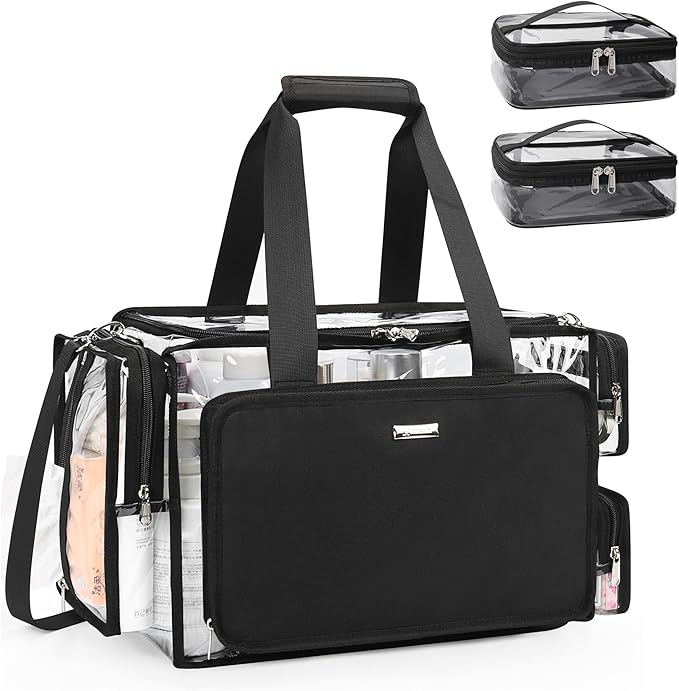 Relavel Clear Makeup Bag with 2 Clear Pouches, Extra Large Makeup Artist Kit Set, Cosmetic Storage Organizer Hair Stylist Traveling Bag, Transparent Tote Duffle Beach Toiletry Bag with Shoulder Strap