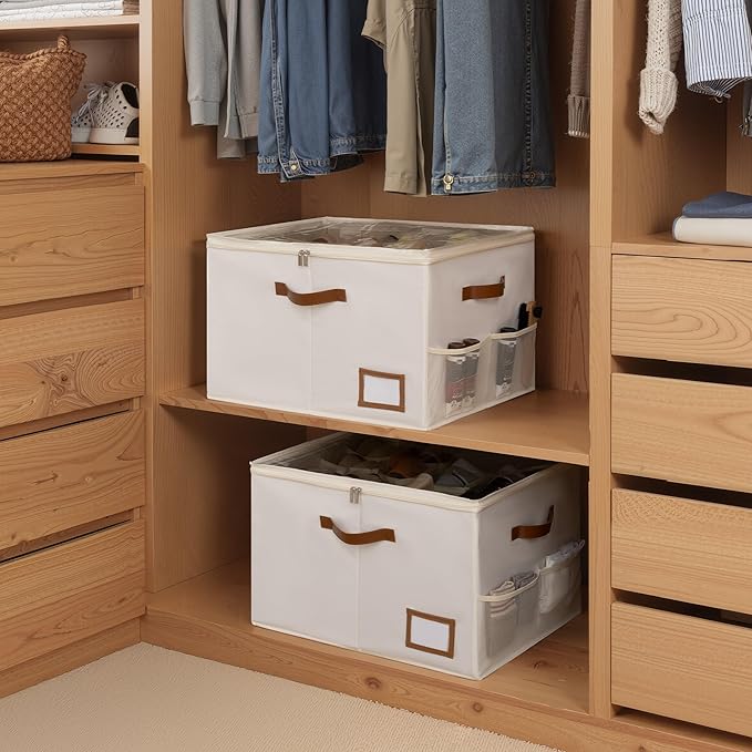 StorageWorks Shoe Oragnizer for Closet, 2 Pack Shoe Storage Cubes Holds Up to 16 Pairs, Space Saving Storage Boxes with Lid and Hanldes, Beige