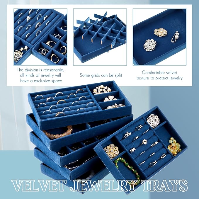 Junkin 18 Pcs Velvet Jewelry Tray Stackable Jewelry Drawer Organizer Jewellery Box Divided Display Tray for Earring Bangle(Peacock Blue)