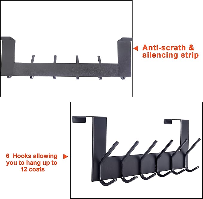 SKOLOO Over The Door Hook - for Doors up to 1-3/4'' Thickness, Black, No Assembly Required, Stainless Steel, Door Coat Rack for Entryway & Bathroom Hanging Coats, Backpack, Robes, Towels, Pack of 2