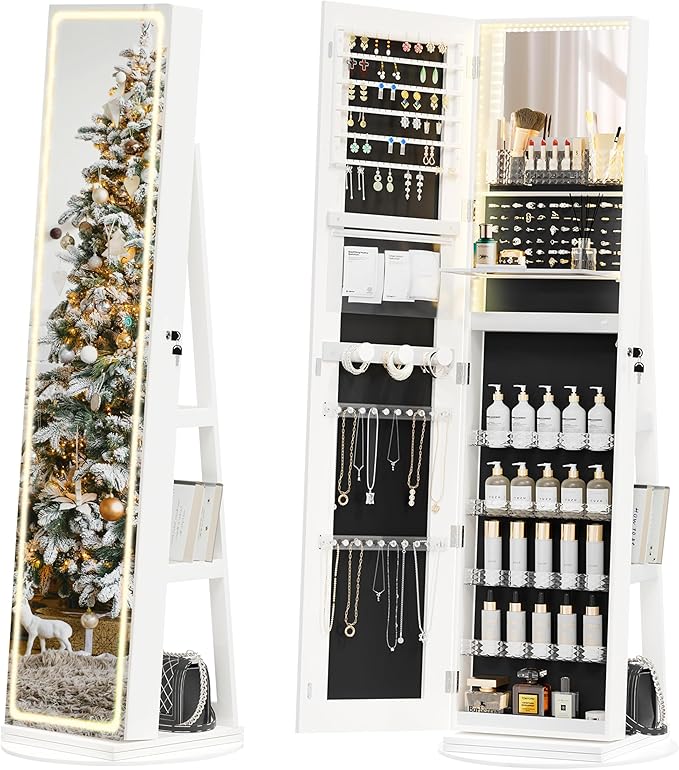 Jewelry Cabinet Standing, Lockable Armoire With Adjustable Lights and Full-Length Mirror, Space-Saving Organizer, 360°Swivel White
