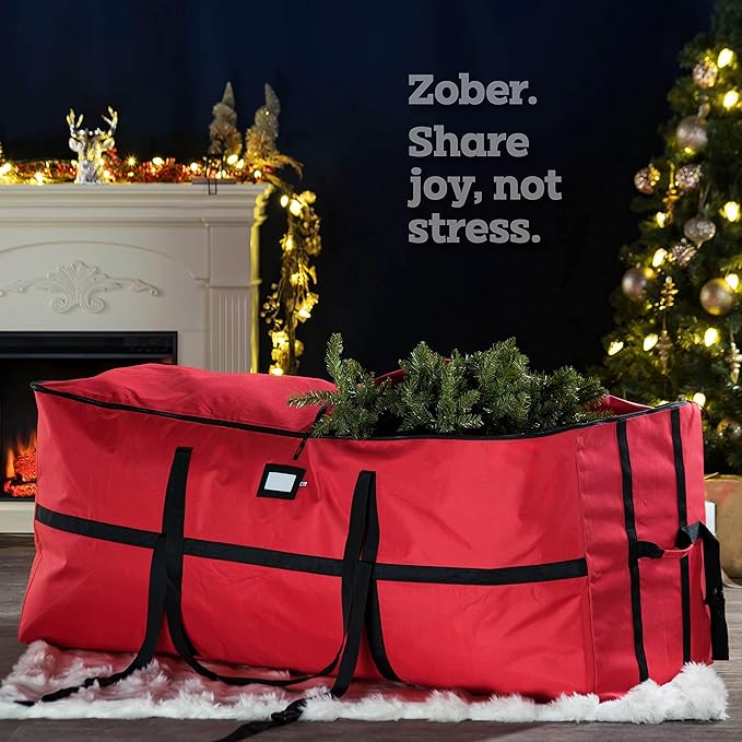 ZOBER Wide Christmas Tree Storage Bag - Maximum Accessibility - Fits 7.5 Ft Trees - 600D Oxford Fabric Christmas Tree Bag For Storage Box For Xmas - Strong, Durable Straps & Handles - Card Slot - Red