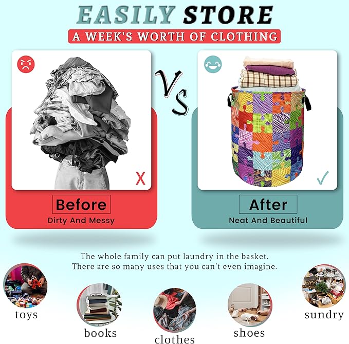 Colorful Autism Puzzles Laundry Basket With Handles Tote Bag Oxford Cloth Laundry Hamper 18.9" x 16.5 "Foldable Clothes Storage Bucket Toy Organizer For Bathroom/Laundry/Bedroom