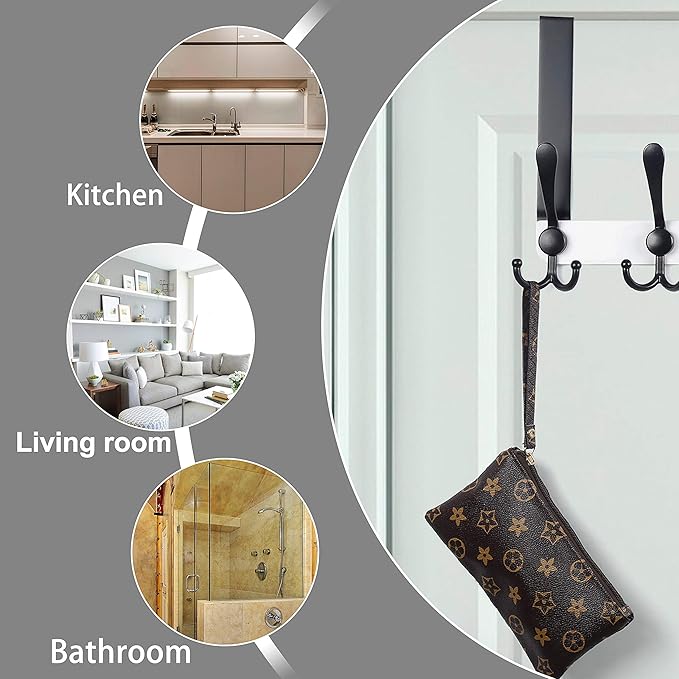 Dseap Over The Door Hook Hanger - Fits 1 3/8" to 1 3/4" Standard Doors | 5 Tri Hooks Heavy Duty Towel/Coat Rack | Door Organizer for Clothes, Jackets, Hats, Towels, White & Black