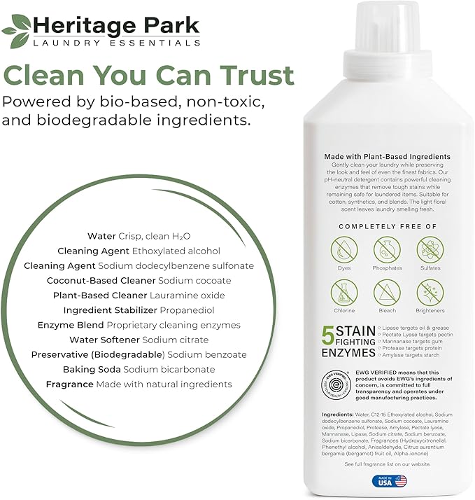 Heritage Park Luxury Laundry Detergent | Dermatologist Tested Plant based Natural & Enzyme Laundry Detergent | Sensitive Skin Friendly - Spring Magnolia (32 fl oz)