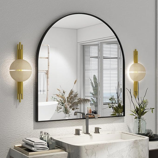 Arched Bathroom Mirror 32" x 34" for Bathroom Vanity Mirror or Wall Decor Black Arch Mirror Aluminum Alloy Frame Wall Mounted Mirror for Living Room Bedroom Entryway