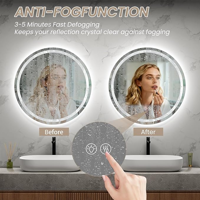 LED Bathroom Mirror 32 Inch Round Bathroom Mirror with Lights, Circle Wall Mirror with 3 Colors Brightness, Anti-Fog for Bathroom Vanity, Entryway Living Room