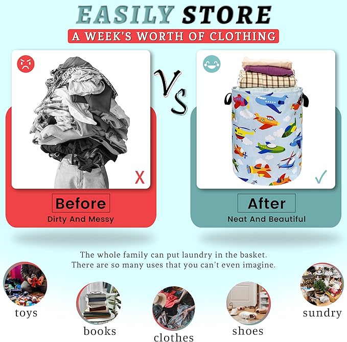 Cartoon Plane Laundry Hamper Foldable With Handles Colorful Tote Bag Universal Oxford Cloth Funny Laundry Basket Clothes Toy Storage Bucket 18.9" x 16.5" For Bathroom/Laundry/Bedroom