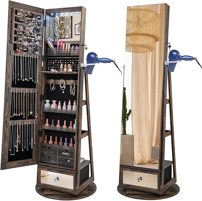 GOFLAME 360° Rotating Jewelry Cabinet with Full Length Mirror, Standing LED Mirror Jewelry Armoire, Lockable Jewelry Organizer with Hair Dryer Rack, Back Storage Shelves, Inner Makeup Mirror, Brown