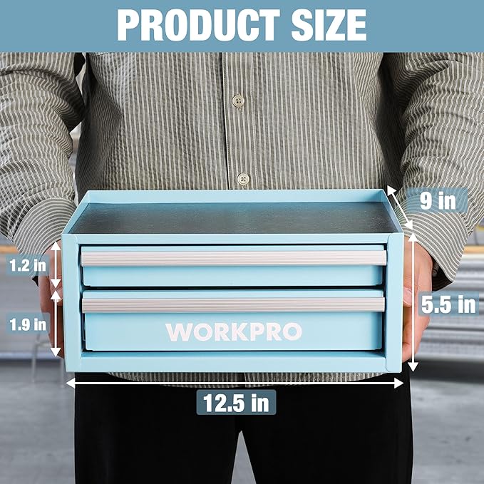 WORKPRO 12.5" Mini Tool Box with 2 Drawers & 1 Open Top Storage, Small Metal Tool Chest with PVC Liners & PP Feet Pads, Cold Rolled Steel Toolbox with Drawer Liners & Magnetic Tabs