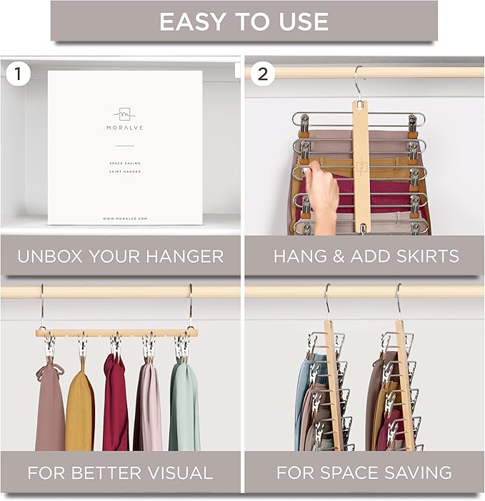 MORALVE Skirt Hangers Space Saving with Clips - 2 Pack - European Beechwood 5-Tier Hanger for Shorts, Skirts, and Pants - Closet Organizer and Storage Solution for Women with 360° Swivel Hook