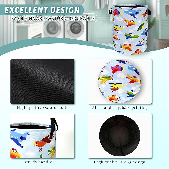 Cartoon Plane Laundry Hamper Foldable With Handles Colorful Tote Bag Universal Oxford Cloth Funny Laundry Basket Clothes Toy Storage Bucket 18.9" x 16.5" For Bathroom/Laundry/Bedroom