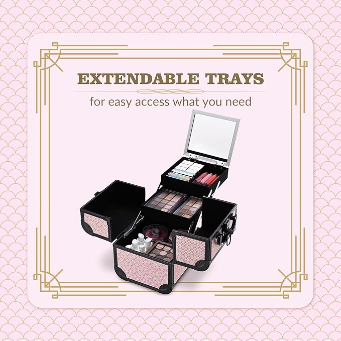 BYOOTIQUE Rolling Makeup Train Case on Wheels 3-Piece Hairdressing Brush Bags Cosmetology Art Deco Bloom