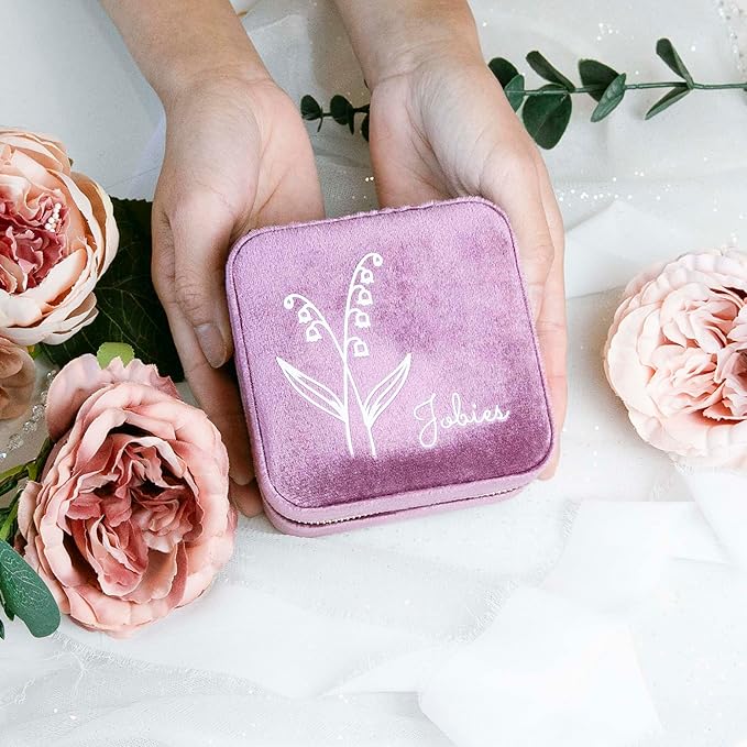 Customizable Compact Velvet Jewelry Box with Mirror, Travel Jewelry Case, Travel Jewelry Organizer, Jewelry Box for Women and Girls, Small Jewelry Organizer (Flower Design, Mulberry)