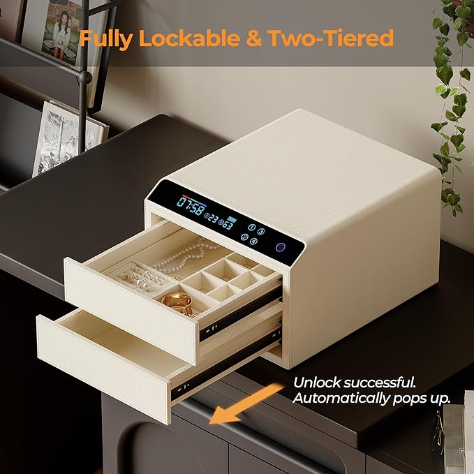 Jewelry Box with Fingerprint and Password Lock, Large Capacity Dual Drawer Storage Organizer for Necklaces, Rings, Bracelets, Watches, 15.98x13.98x9.45 Inches, 4 Smart Unlocking Methods,Beige