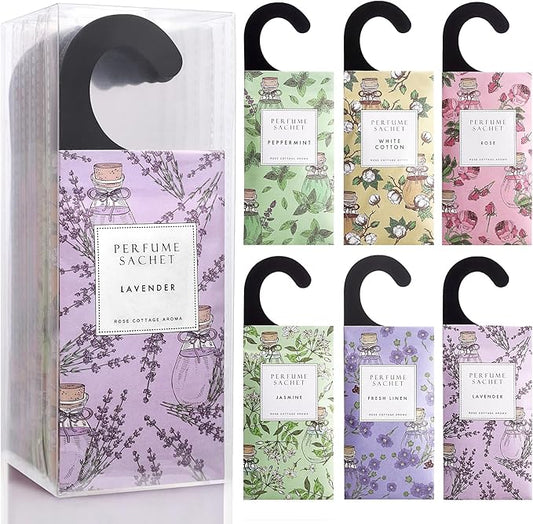 ROSE COTTAGE Large 12 Packs Hanging Closet Deodorizer Air Freshener Scented Sachets Long Lasting Smell Goods 6 Scents Option - Lavender, Linen, Cotton, Mint, Jasmine, Rose