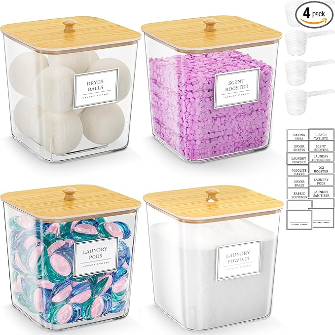 4 Pack Clear Laundry Pod Container, Laundry Room Organization Containers with Wooden Lids & Labels - Large Detergent Powder Storage for Room Organization, Scent Booster Holder