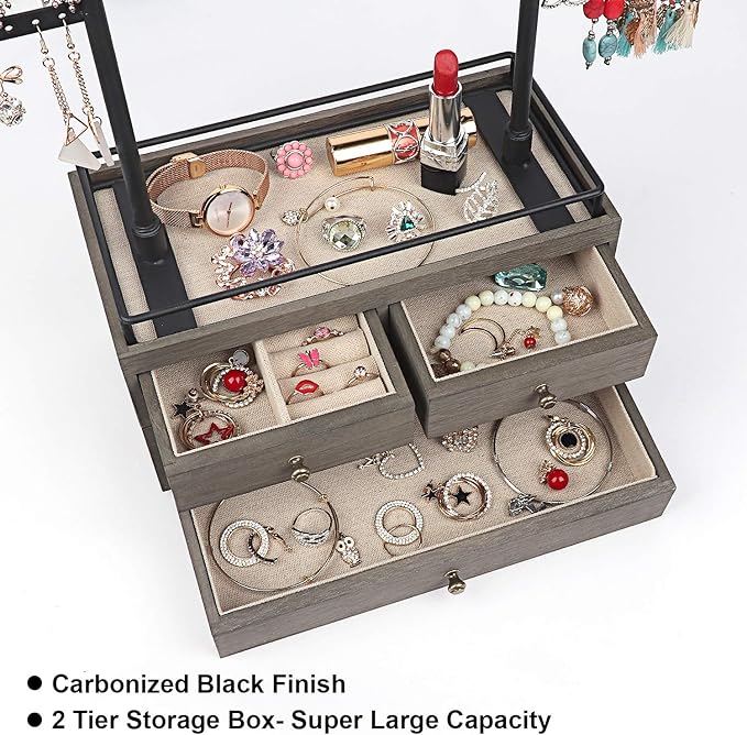OLAKEE Jewelry Organizer - 2 Layer Wooden Jewelry Drawer Storage Box with 6 Tier Jewelry Tree Stand, Jewelry Display for Necklaces Bracelet Earring Ring Weathered Grey