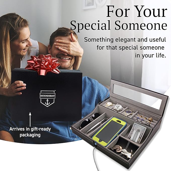 HOUNDSBAY Navigator Large Dresser Valet Tray & Mens Jewelry Box Organizer - Watch Box Organizer for Men with Angled Charging Station (Ivory)