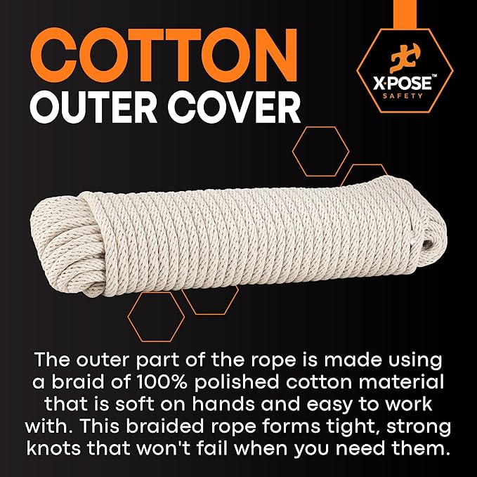Xpose Safety #6 Sash Cord – 3/16 Inch x 100 Ft – White Cotton Rope with Nylon Core – Low Stretch Utility Cord for Window Sash, Tie Down, Clothesline, Camping, Rigging, DIY, Crafts, Home Improvement