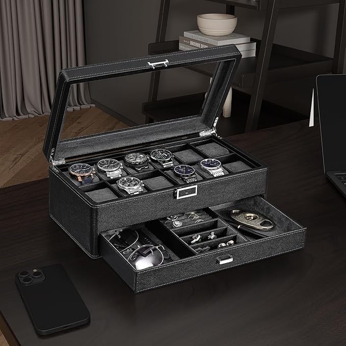 BEWISHOME Watch Box for Men, 12-Slot Watch Case with Drawer, 2-Layer Mens Jewelry Box with Large Glass Lid, Watch Display Case Watch Holder Organizer Watch Storage for Men Women Black, SSH02L