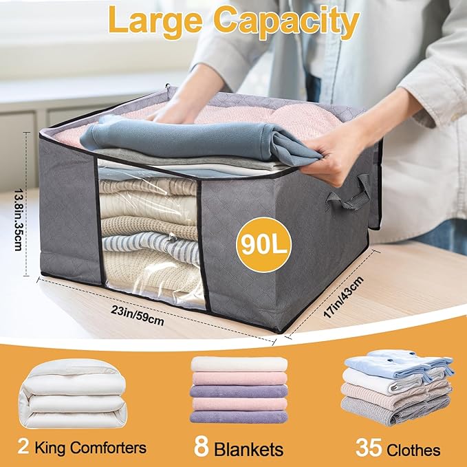 10 Pack Clothes Storage Bags, 90L Large Blanket Storage Bag Comforter Storage Bin with Reinforced Handle and Lid Foldable Closet Organizer and Storage Containers for Bedding Pillows Sheets and Duvet