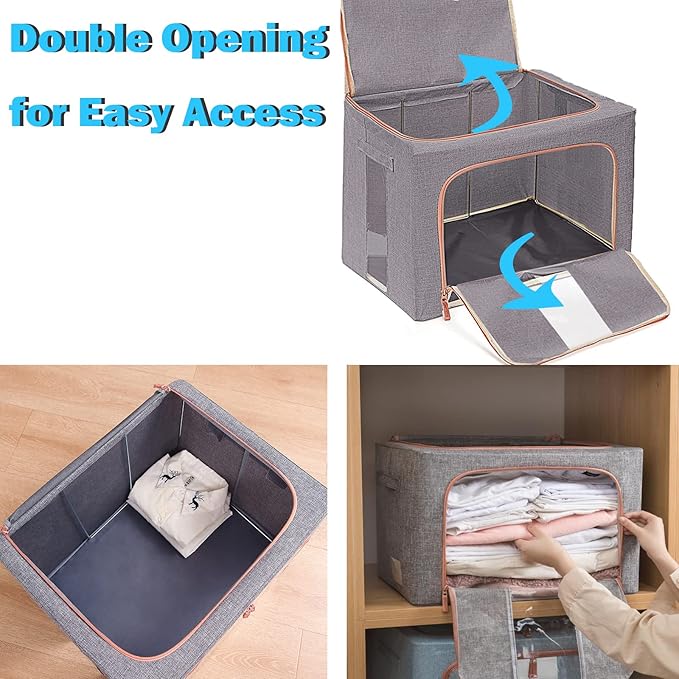 100L Large Storage Bags,Linen Stackable Clothes Storage Bins with Hold Shape Metal Frame,2 Opening Ways Fabric Visible Lidded Foldable Closet Organizers for Seasonal Clothing,Bedding (3, 100L)