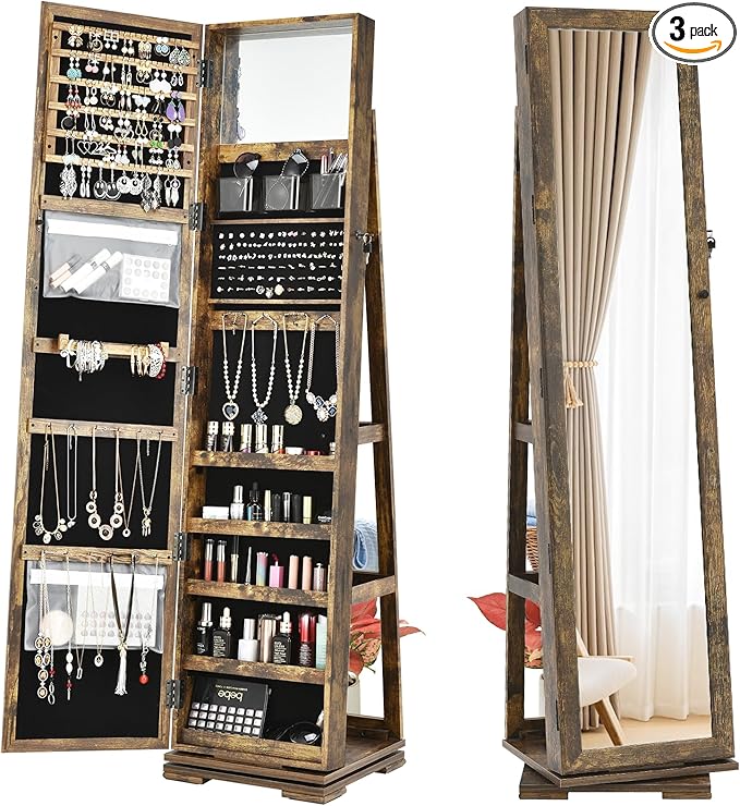360° Swivel LED Mirror Jewelry Cabinet with Full Length Mirror, Lockable Floor Standing Mirrored Jewelry Armoire Organizer w/Inside Makeup Mirror & Back Storage Shelves (Rustic Brown)