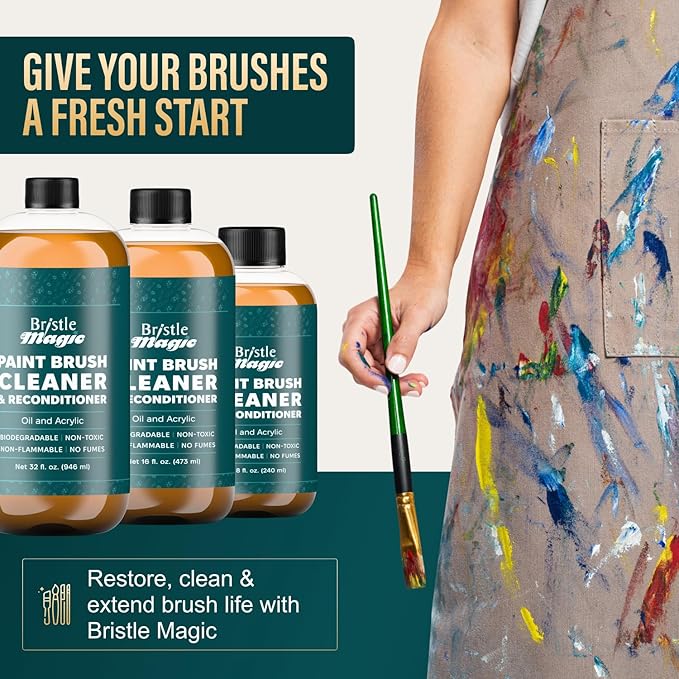 Oil Paint Brush Cleaner and Restorer - Paintbrush Cleaner for Acrylic, Oil, and Glass Paints-Biodegradable, Non-Toxic, Odorless, Eco-Friendly, Quick-Clean Formula Paint Remover (8 Fl Oz)