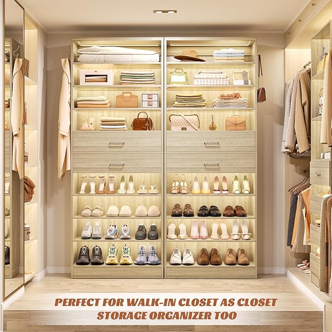 Aheaplus Tall Shoe Cabinet, 10 Tiers Wood Shoe Rack, Vertical Shoe Storage Organizer with 2 Drawers, Narrow Shoe Shelf Tower for 24-28 Pairs, Space Saving, for Closet, Entryway, Bedroom, White Oak