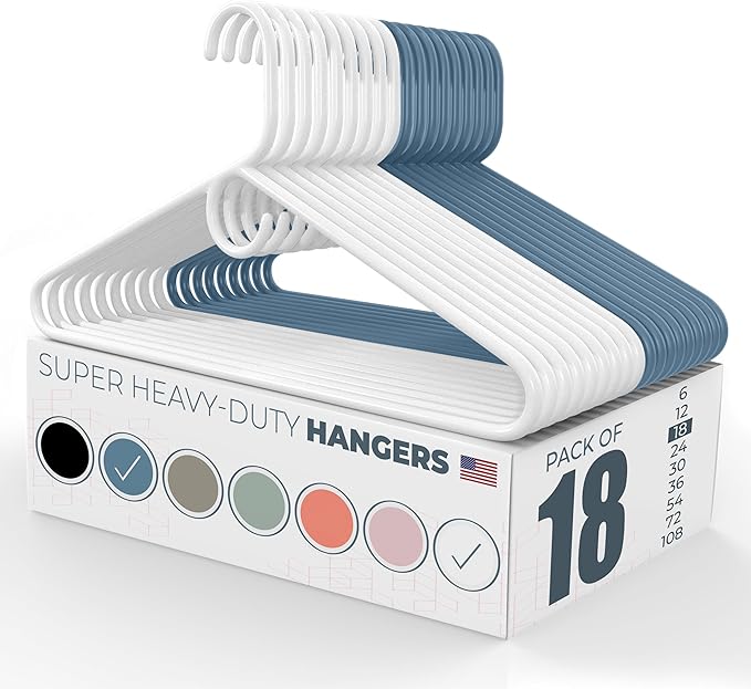 Neaties Super Heavy Duty Clothes Hangers 18 Pack – Made in The USA - 10lb Capacity, Thick Plastic Hangers for Pants, Coats, Jackets, Jeans and Adult Clothing – White & Blue