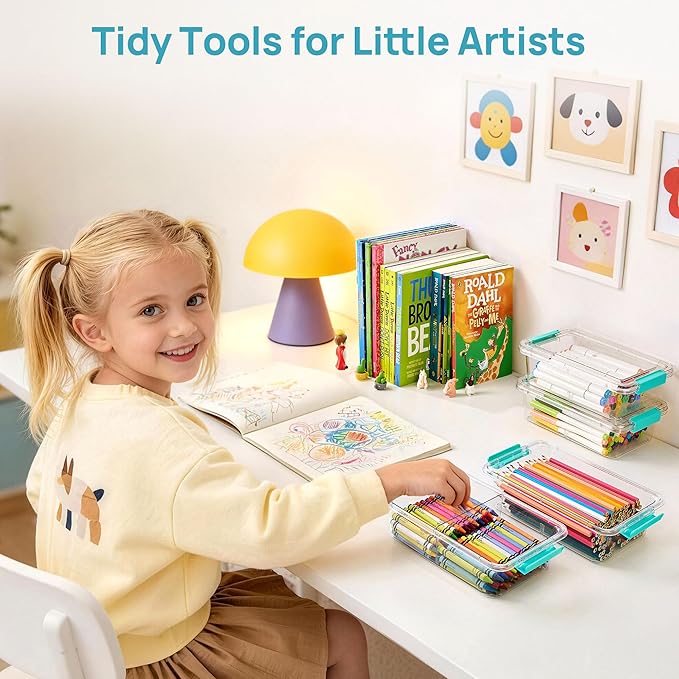 Vtopmart 4 Pack Clear Pencil Box, Plastic Pencil Holder with Removable Divider for Pen Organizer, Stackable Containers with Lid for Pen, Art Craft, Sticker, Scrapbook & Office Supplies