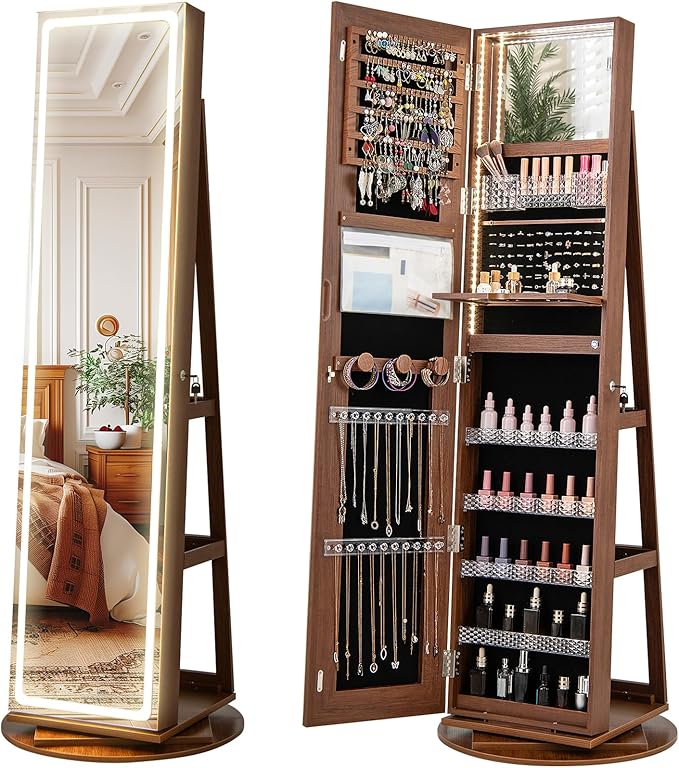 CHARMAID 360° Rotating Jewelry Armoire with LED Lighted Full Length Mirror & Built-in Vanity Mirror, Lockable Standing Jewelry Cabinet with Lights, Large Storage Organizer for Jewelry (Walnut)