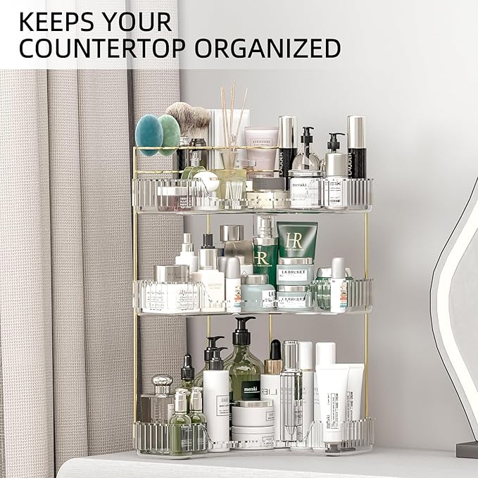 Makeup Organizer Countertop 3 Tier, Corner Bathroom Countertop Organizer with Toothbrush and Makeup Brush Holder, Corner Vanity Tray for Skincare Organization