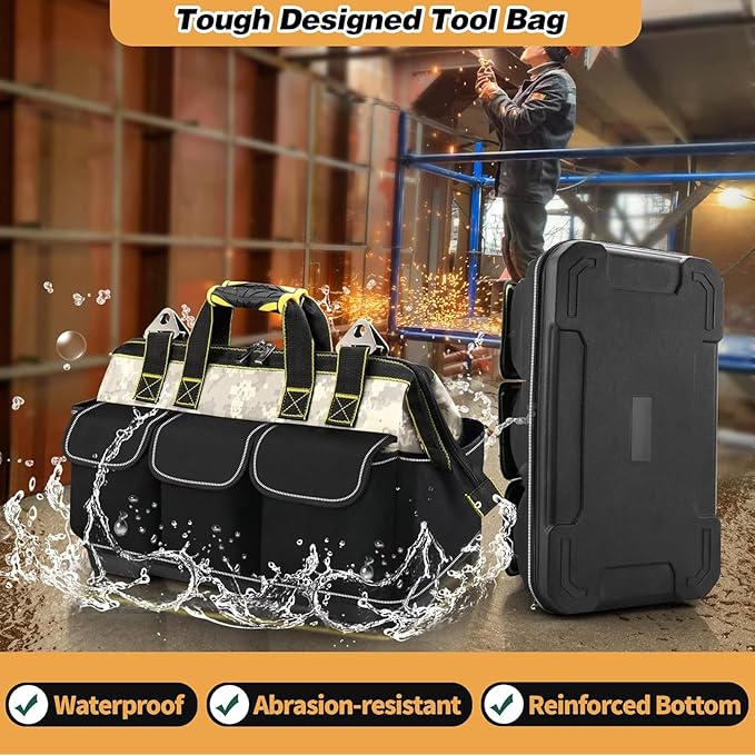 15 Inch Open Top Tool Tote Bag with Hard Bottom, Waterproof Electrician Tool Tote, Wide Mouth Tool Organizer with 15 Pockets, Heavy Duty Molded Base, Reflective Tool Bag for Men