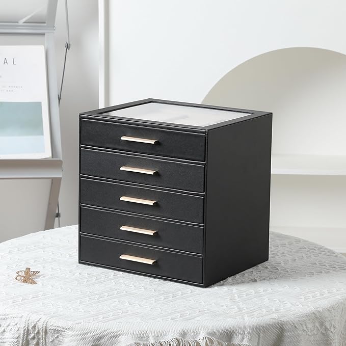 Frebeauty Clear Lid Jewelry Box,5-Layer Jewelry Organizer with Drawer,PU Leather Jewelry Organizers and Storage,Jewelry Boxes for Women,Jewelry Storage for Rings Earring Stud,Gift for Women(Black)