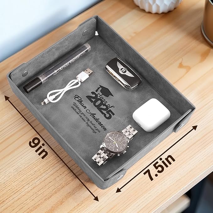 Engraved PU Leather Valet Tray – Personalized Catchall with Custom Name for Desk, Dresser, or Nightstand – Compact Organizer for Keys, Wallet, Jewelry – Graduation Gift for Him or Her – Grey