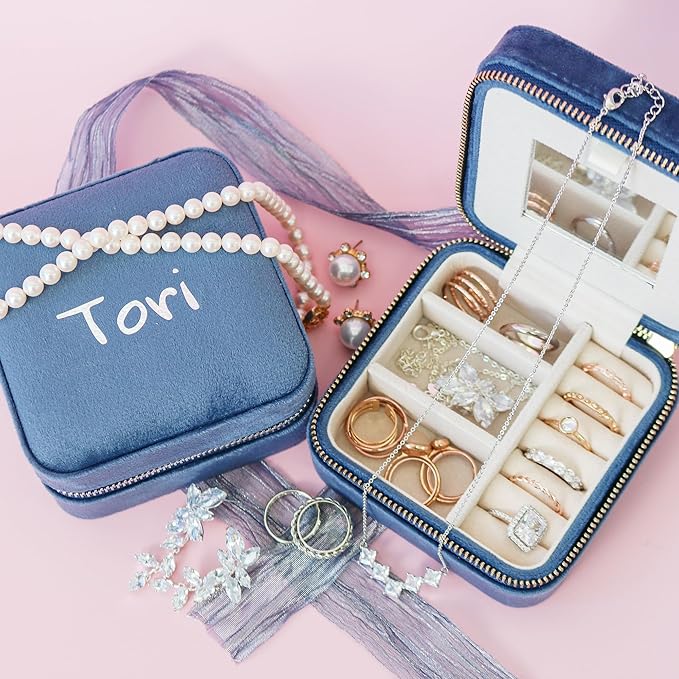 Customizable Compact Velvet Jewelry Box with Mirror, Travel Jewelry Case, Travel Jewelry Organizer, Jewelry Box for Women and Girls, Small Jewelry Organizer (Center Text, Coral Blue)