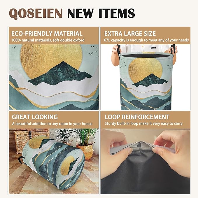 Green Mountains Collapsible Laundry Baskets,Golden Sunset Laundry Hamper,Storage Basket with Handles for Bathroom Bedroom College Dormitory Living Room Nursery Organizer 16"x20"