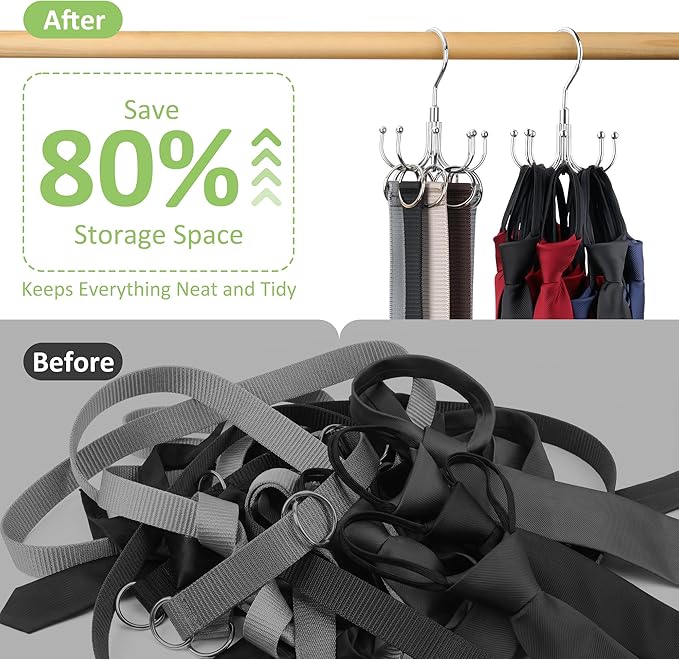Belt Hanger, 2 Pack Rotatable Belt Organizer for Closet, Accessories Rack, Space Saving Hanging Holder Storage Hook for Belt, Tie, Scarf, Purse, Bra, Tank Top, Silver