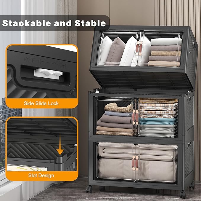 Extra Large Stackable Storage Bins with Lids & Wheels & Door,Foldable Collapsible Closet Organizers, Plastic containers drawers for bedroom Dorm (Dark-112QT, 3Pack with 1 top lid)