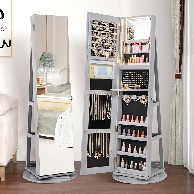 Mirror Jewelry Cabinet Standing with Full Length Mirror, 360° Swivel Jewelry Armoire with 3-Color LED Lights & Foldable Makeup Shelf, Lockable Organizer for Women, Space-Saving (Gray)