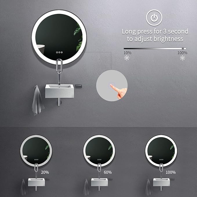 LED Bathroom Mirror with Lights 24'' Round Black Frame Vanity Mirror with Touch Lights Wall Mounted Mirror for 3Colors Dimmable Anti-Fog Memory Smart Light up Makeup Mirror Large Circle Wall Mirror