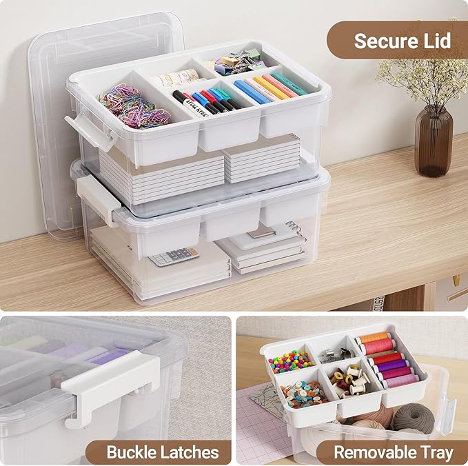 40Qt Stackable Storage Bins with Lids & Trays, Clear Plastic Latching Boxes Organizers with Dividers Portable 10Gal Containers for Arts & Crafts, Home and Car Trunk Organization, 2Pack
