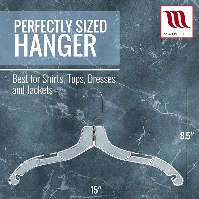 Mainetti Clear Plastic Clothes Hangers 20 Pack | 17-Inch Space Saving Hangers with 360 Swivel Metal Hook & Notches for Straps | Closet Hangers Ideal for Shirts, Tops, Dresses and Jackets (5400SCR20)