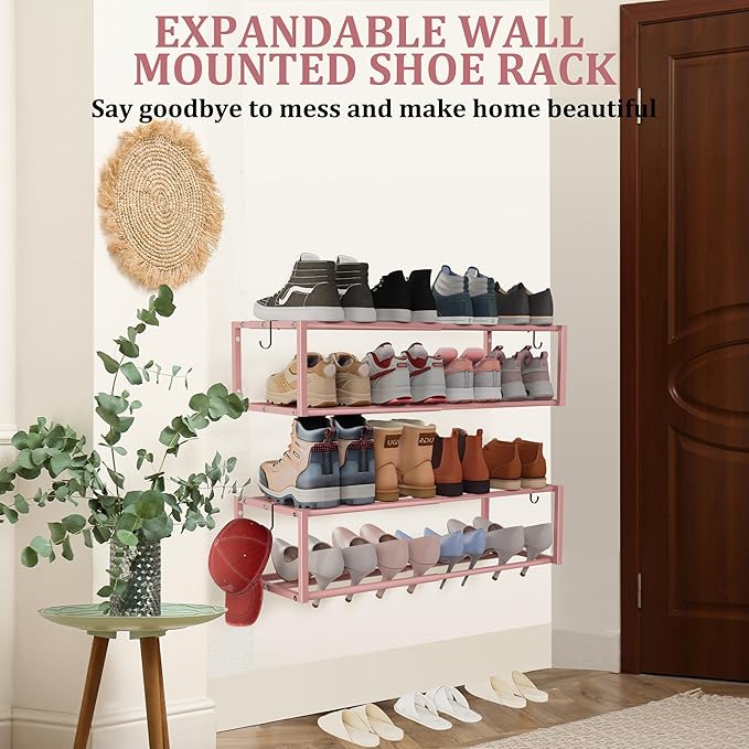 Expandable Wall Mounted Shoe Rack, 17"-31" Adjustable Hanging Shoe Rack Holds 8 Pairs, Heavy Duty Metal Shoe Holder with 2 Storage Hooks, Space Saving for Entryway Closet Doorway（Pink）