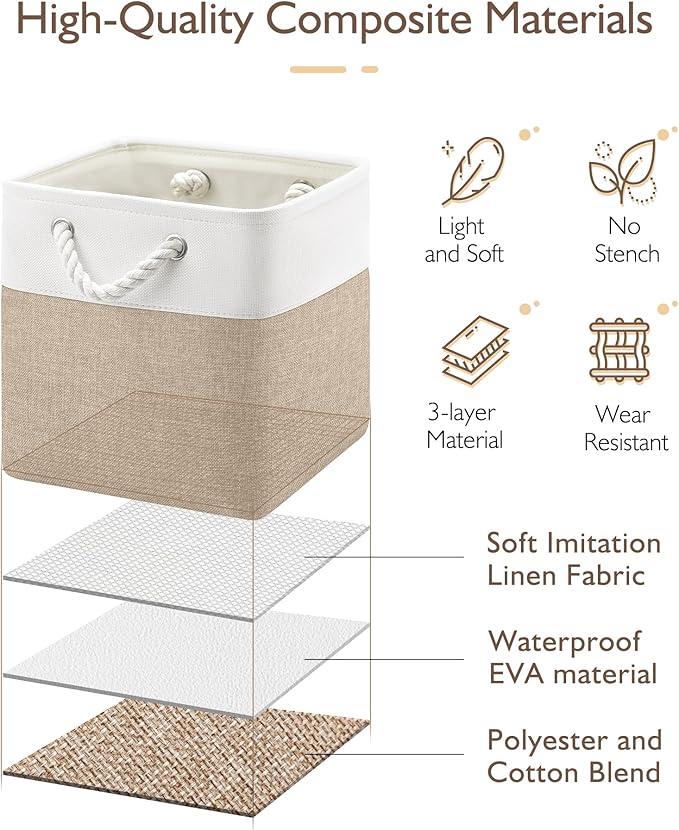 11 Inch Storage Cubes 6-Pack, Foldable Fabric Organizer Bins with Rope Handles, Cube Storage Baskets for Closet Shelves and Home Organization(White/Khaki)