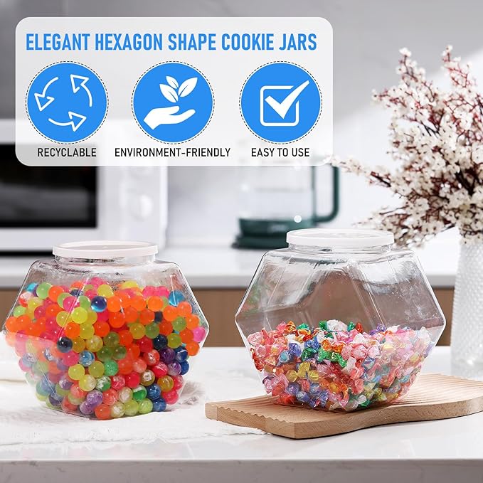 Uiifan 1 Piece Plastic Candy Jar with Lid Cookie Jar Clear Hexagonal Fish Bowls Containers for Snacks, Dog Food, Desk Pet, Craft and Sewing Supplies, Coffee Pod, Laundry Pod Storage Display(70 oz)