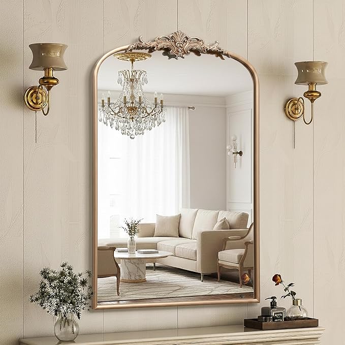 Besdomus Large Antique Wall Mirror: 24"x36" Arched Champagne Gold Vintage Wall Mounted Mirror - Traditional Ornate Home Decor for Entryway/Bedroom/Bathroom - Baroque Idea for Housewife